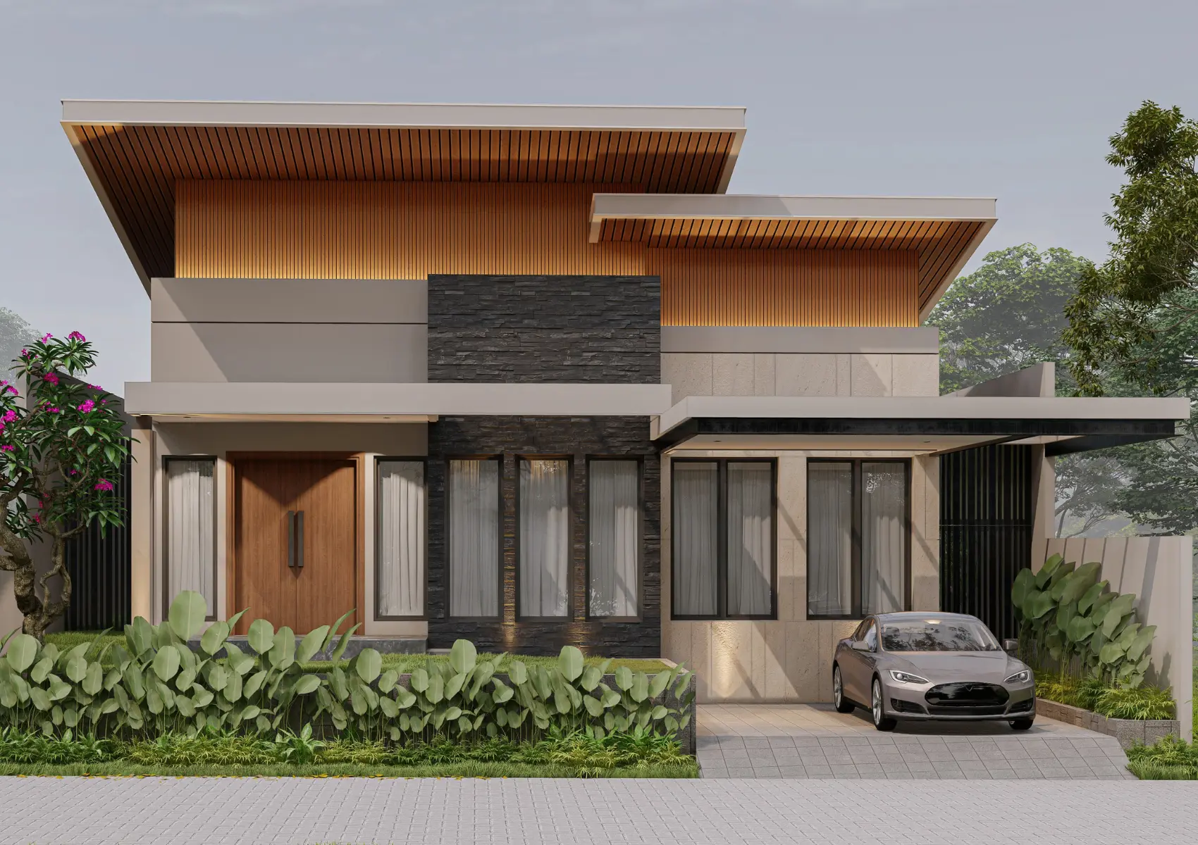 exterior cgi of Stone and Timber House in Architectural study
