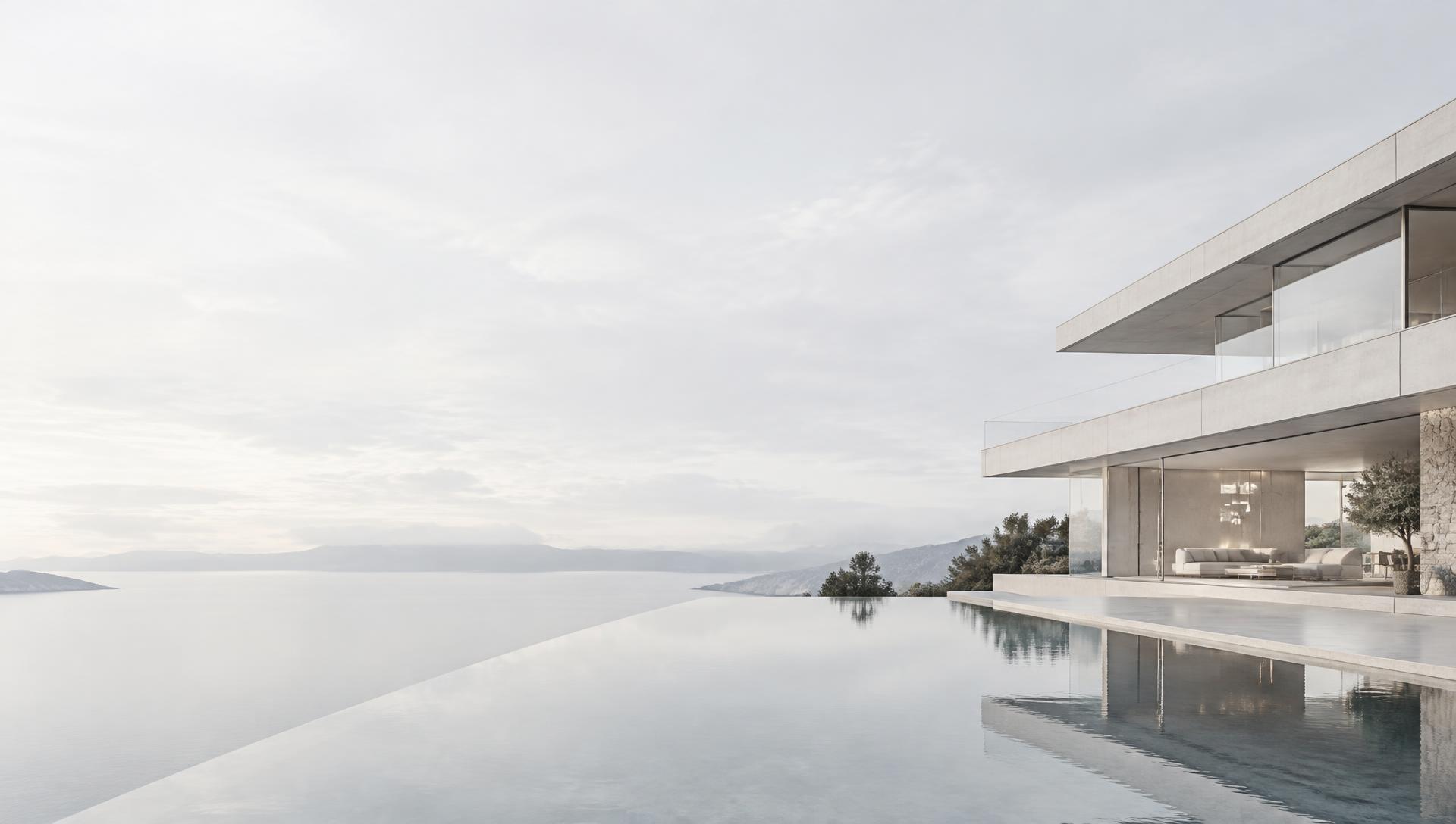 Architectural rendering of a pale concrete and glass house beside an infinity pool overlooking the sea